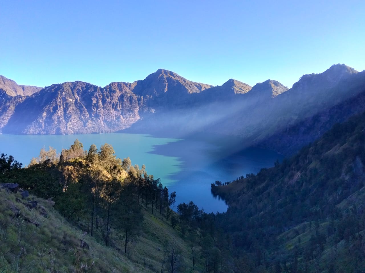 Beautiful view of Segara Anak Crater Lake inside Mount Rinjani National Park, a highlight of Rinjani trekking packages.